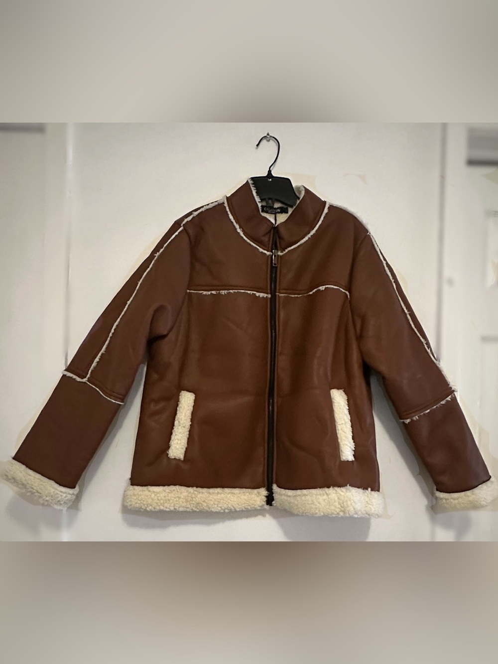 Brown Faux Shearling Zip Front Jacket